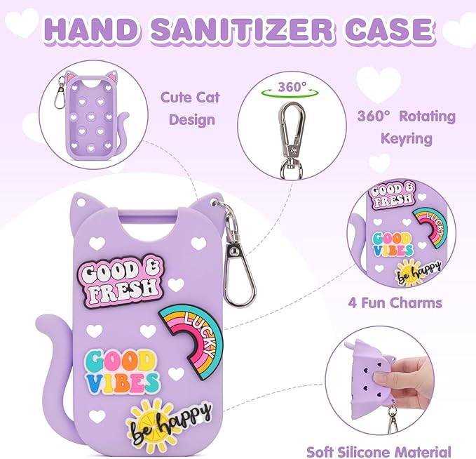 Silicone Case Holder Compatible with Hand Sanitizer Spray Touchland 1 fl oz, Cute Cat Ear Protective Case with Keychain & 4 Decorative Charms (Purple, 1P)