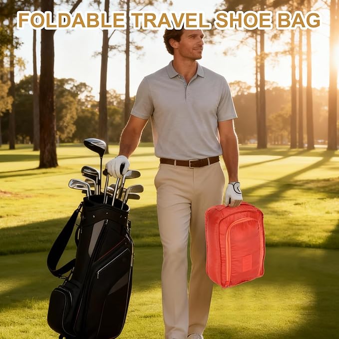 Foldable Travel Shoe Bag, Waterproof Shoe Pouches Organizer with Handle Travel Packing Cubes -Fitting for Storing (Sneakers/Sandals/Fitness Shoes) 2 Pcs & Orange