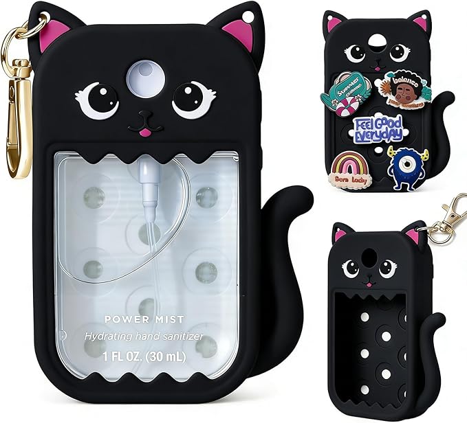 Cute Ear Silicone Case Compatible with Touchland Hand Sanitizer Spray (Fit for 1 FL.OZ), Protective Case with Keychain, Hand Sanitizer Holder (Black)