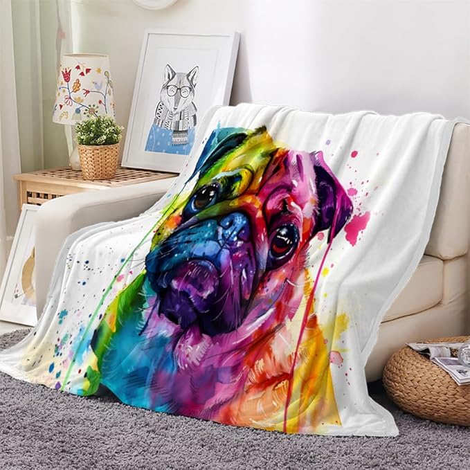 Pug Throw Blanket, Lovely Pug Dog Fleece Blanket for Couch Bed Sofa, Colorful Pugs Blankets and Throws, Cartoon Pet Animals Super Soft Cozy Plush Flannel Blanket 40x50, Decor & Gift