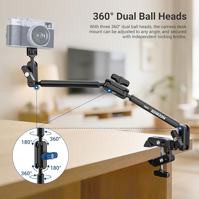 NEEWER Basics Magic Arm Table Stand, 55 cm Microphone Arm Overhead Mobile Phone Holder Desk with 1/4" 3/8" Threads for ARRI, for DSLR Action Cam Webcam Mic LED Light for Video Reinforcement, UA061