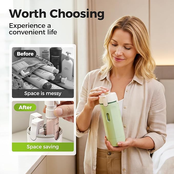 4 in 1 Travel Dispenser Bottle, 2026 New Travel Bottles for Toiletries, Toiletries Bottle for Travel, Compact Travel Shampoo and Conditioner Containers for Shampoo Lotion (White and Green)