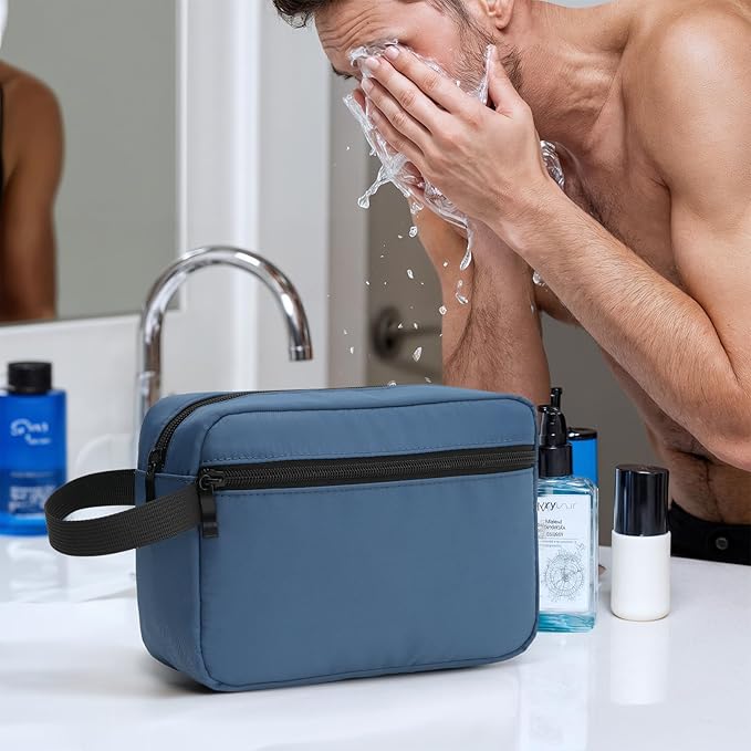 Travel Toiletry Bag, Small Cosmetic Bag, Hanging Water-Resistant Organizer for Men & Women, Ideal for Makeup, Shaving Kit, Gym Essentials & Travel Accessories (Navy Blue)