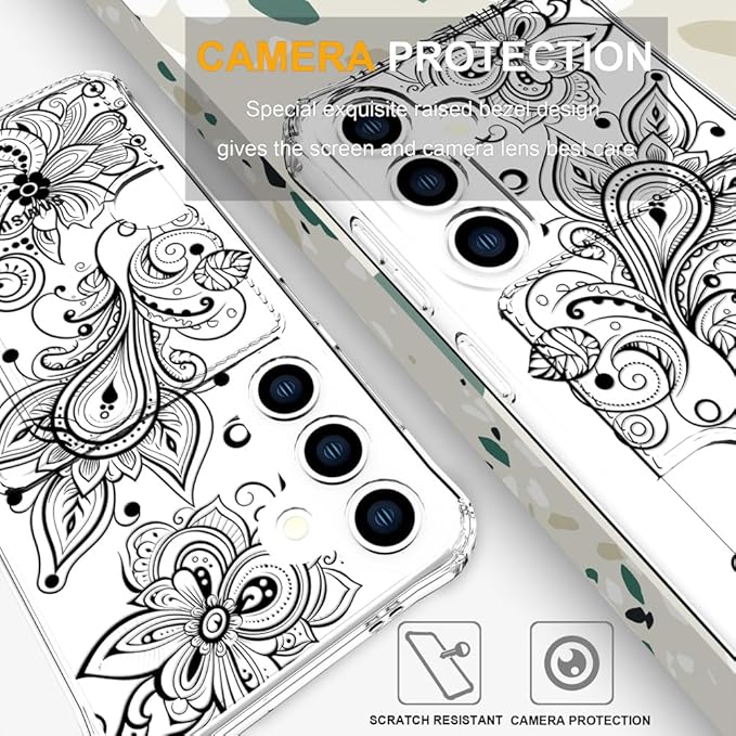 Compatible with Samsung Galaxy S24 / S25 Case Card Holder for Women Cute Design,Wallet Phone Cases Transparent Cool Kawaii Protective (Clear Black Henna Flower)