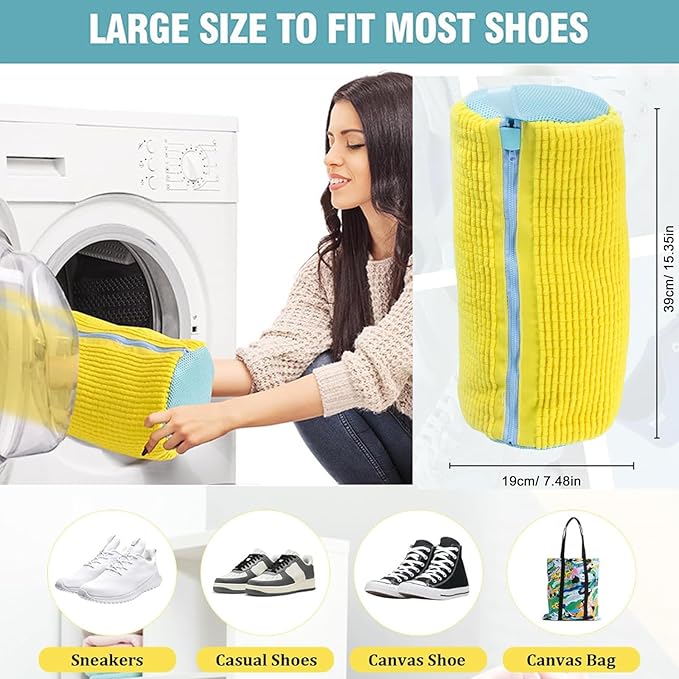 Shoe Washing Machine Bag 2 Pack with YKK Anti-Back Zipper, 360° Deep Clean Chenille Microfiber Shoe Laundry Bags for Washer & Dryer, Reusable Sneaker Washing Bag, Yellow