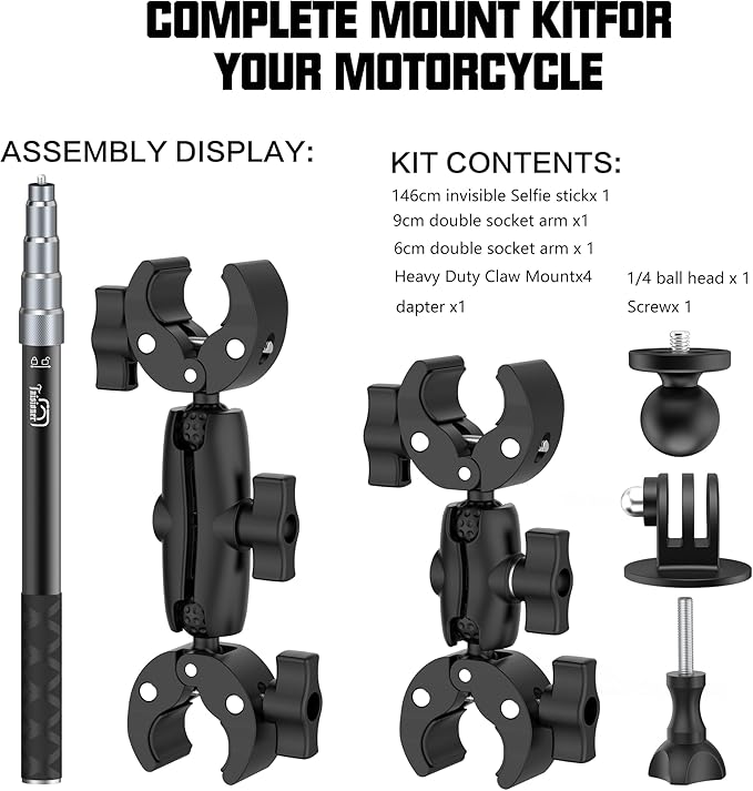 Taisioner Aluminum Alloy Motorcycle Handlebar Mount Double Clamp Locking Anti-Fall, 47" Invisible Selfie Stick for Insta360 X5/X4/X3/X2/ONE RS/GO 2/3 Hero 13-7 DJI Camera