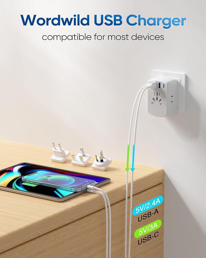 Kakyanill Universal Travel Adapter, Type A/C/G/I Plug Adapter, 5ft Detachable Extension Cord, 3 AC Outlets, 4 USB Ports (2 USB C), UK Europe Australia International Power Adapter