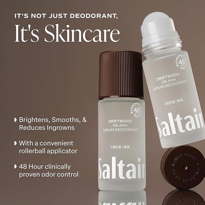 Saltair Serum Deodorant 2 Pack – 5% AHA – Aluminum-Free Odor Control for Women & Men – Mandelic Acid Deodorant with Lactic Acid – Coral Coast Scent – 2x 1.7oz Travel Roll On
