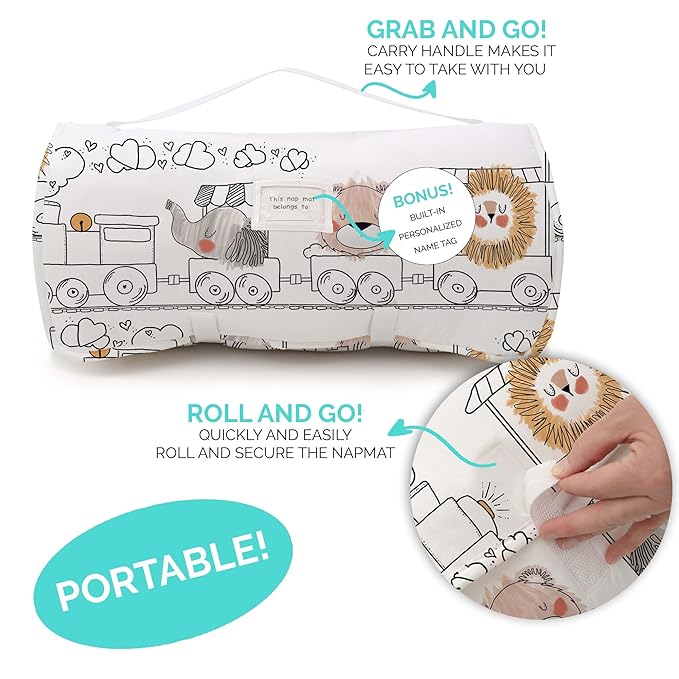 JumpOff Jo Nap Mat for Kids - Cozy Kids Rest Mat with Removable Pillow and Ultra Soft Blanket for Preschool, Daycare, and Sleepovers - Zoo Train