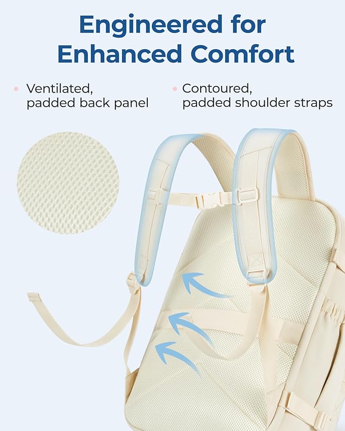 BAGSMART Travel Backpack for Women Men, 30L Carry on Backpack for Airplanes, 17 Inches Backpack for Women, with Shoe Bag & Storage Bag, Backpack Suitcase for Travel, Beige