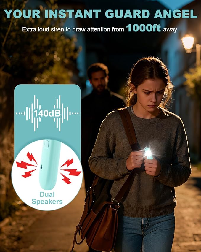 Personal Safety Alarm for Women - Waterproof Rechargeable Security Alarm - 140dB Extra Loud Siren with SOS Strobe Light - Self Defense Keychain for Women Girls Teens Seniors(Blue)