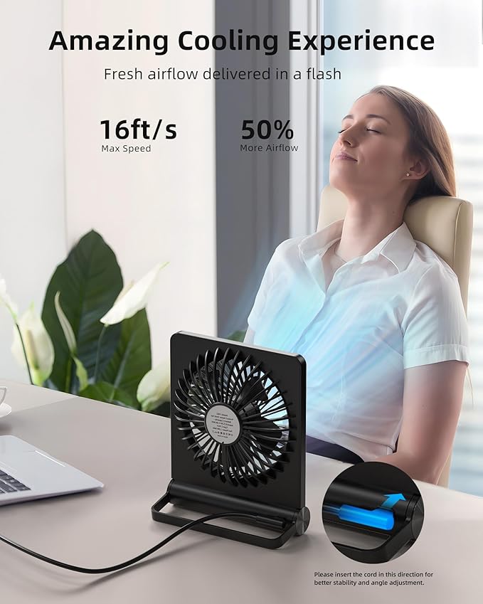 Koonie USB Fan, Strong Wind Ultra Quiet Small Desk Fan 220° Tilt Folding 3 Speeds Adjustable USB-C Powered Personal Fan for Home Office Desktop Black, NO BATTERY