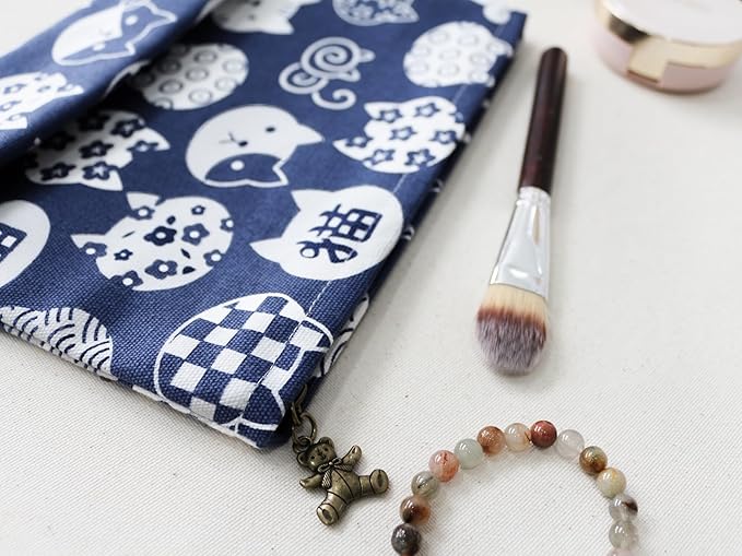 HAPPYHEIDI Canvas Makeup Bag, Cosmetic Travel Pouch, Kawaii Blue Cats, Cotton Blend, Animal Print, Zipper Closure, 7.1x2.4x7 Inches