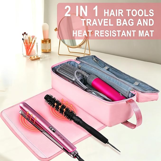 Hair Tools Travel Bag with Heat Resistant Pad, Double-Layer Travel Carrying Case for Straightener, Curling Iron, Hair Dryer, Portable Organizer