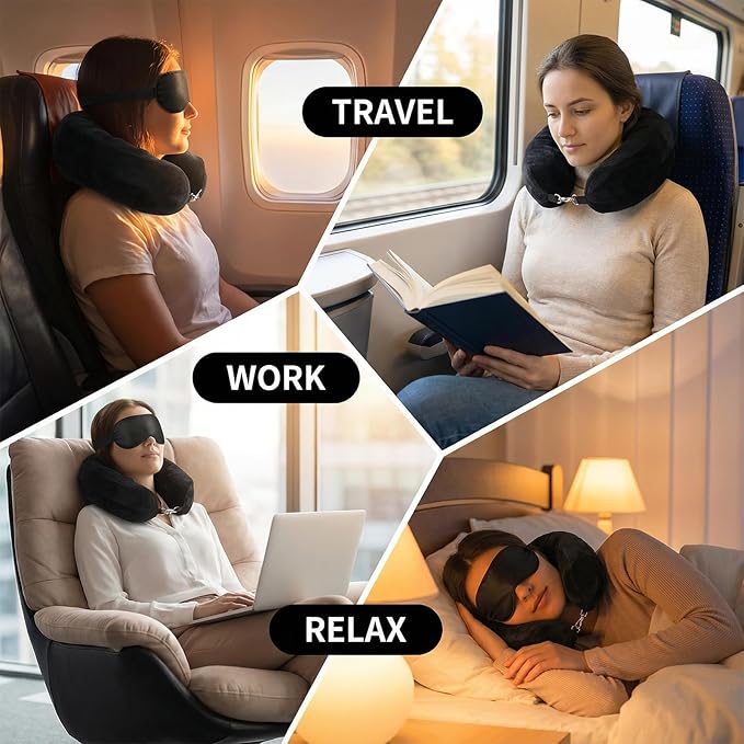 Stuffable Travel Neck Pillow with Light-Blocking Sleep Mask, Fillable Airplane Neck Pillow for Clothes, Soft Velvet Neck Support with Strap
