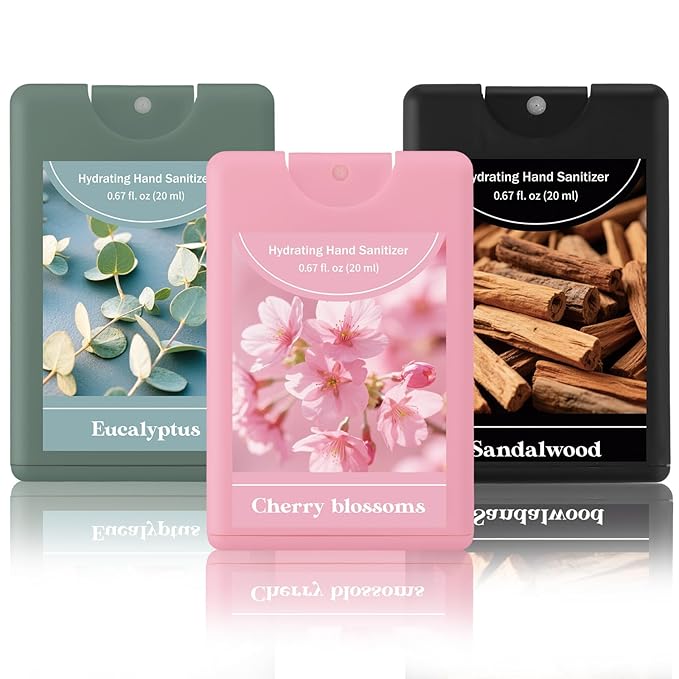 Set of 3 Power Mist Hydrating Hand Sanitizer Spray Bulk Travel Size Moisturizing Hand Sanitizer 0.67 Fl. oz Compact Card Spray Bottle Cherry Blossoms Eucalyptus Sandalwood for Spring Gifts