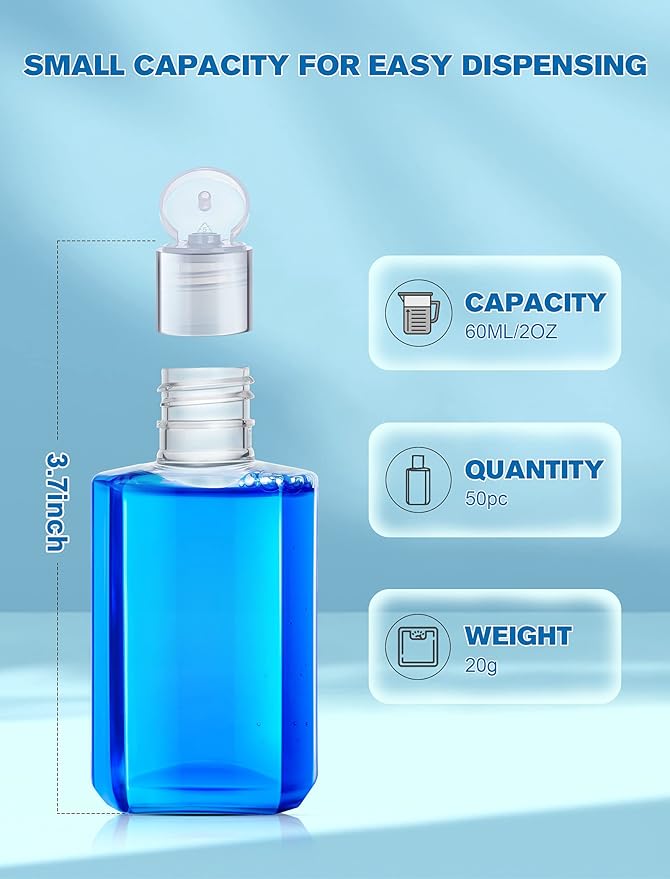 Empty Hand Sanitizer Travel Size Bottles, 2oz, 50 Pack, Plastic Clear Refillable Flip-Top Containers for Shampoo, Baby Shower
