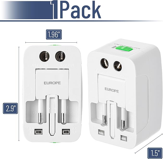 Bates- Universal Adapter for Travel, Compact International Power Adapter for USA, EU, UK, Australia, and India Outlets, All in One