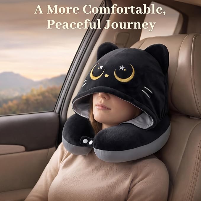 Mewaii Travel Neck Pillow with Hood for Airplanes,Memory Foam,Breathable Ice Silk & Soft Velvet,Double-Sided,Removable to Clean,Adjustable Strap,Portable Travel Pillow for Long Flights Adults & Teens
