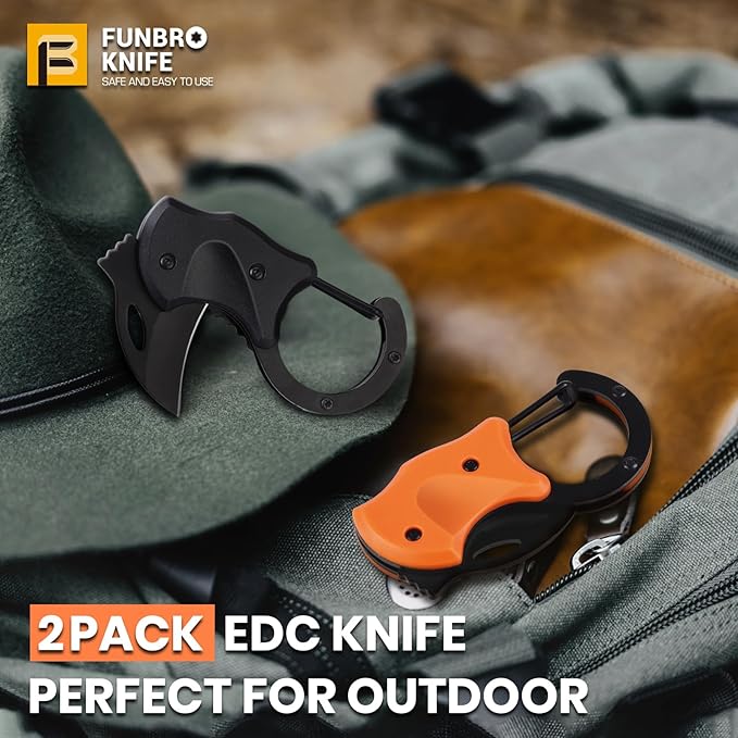 FUNBRO 2 Pack Small Pocket Knife Gifts for Men & Women, Folding Box Cutter, Birthday & Christmas Stocking Stuffers Gifts Idea for Wife Husband Dad Mom (Black & Orange)