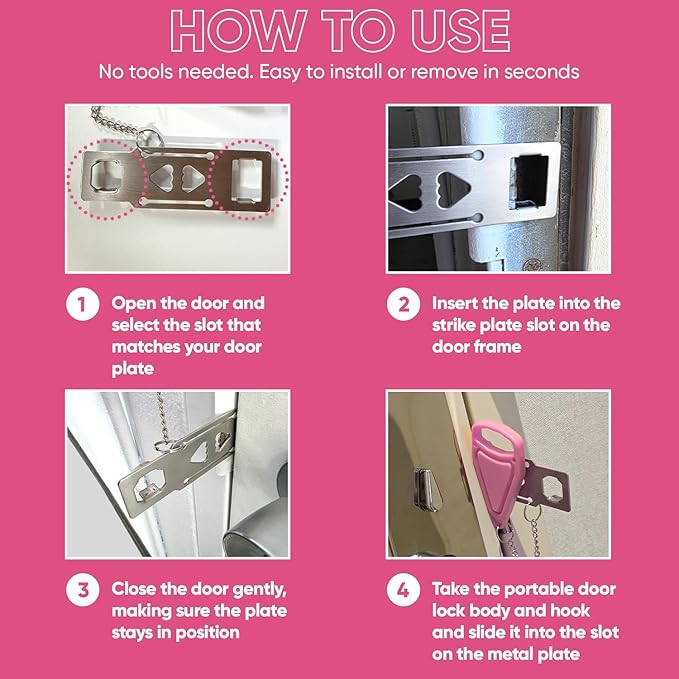 Portable Door Lock Extra Security Essential Safety & Privacy Travel Lockdown, Prevent Entry Stopper, Protect Family While Traveling Home Bedroom Hotel Apartment College (1 Pink)