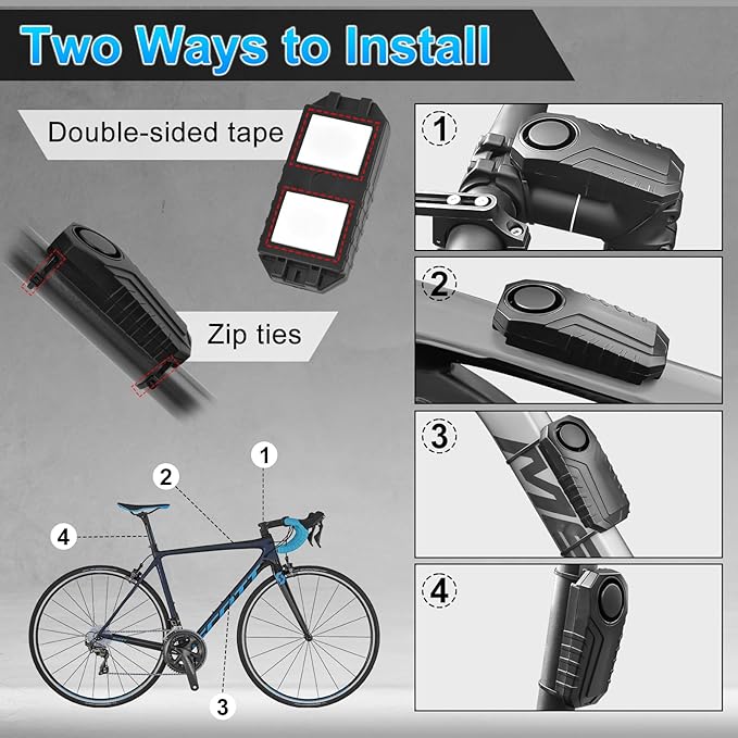 Bike Alarm with 2Remotes, USUPERINK 113dB Bike Alarm Wireless Vibration Motion Sensor for Electric Bike Motorcycle Golf Car Trailer Mailbox Garage Door IP65 Waterproof Home Security Bike Accessories