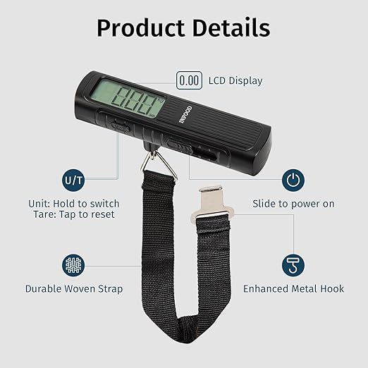 INFOOD Battery-Free Digital Luggage Scale, Suitcase Scale for Travel, Portable Luggage Weight Scale with Hook & LCD Display for Luggages, Packages & Bags, 110lb/50kg Handheld Scale, Black