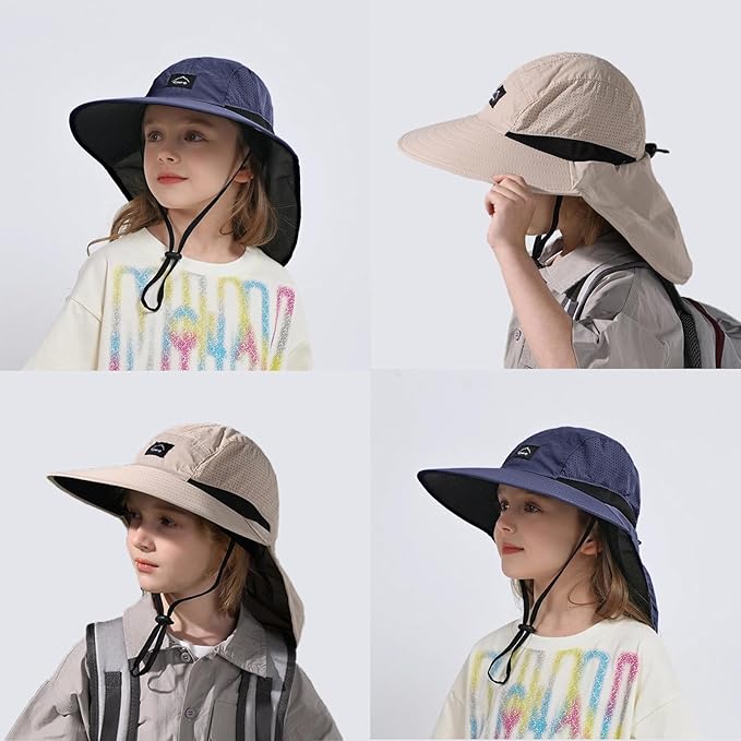 Outdoor Kids Sun Hat with Neck Flap UPF 50+ Quick Dry Beach Hats for Baby Boys Girls Age 2-12 Years Adjustable