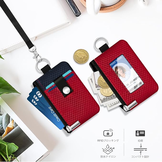 Minimalist RFID Blocking Small Wallet with ID Window,WaterResistant Zip Id Case Wallet with Lanyard Keychain for Cards,Cash,Travel,Women,Men (Red/Dark blue)