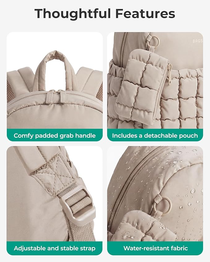 BAGSMART Mini Backpacks for Women, Puffy Checkered Quilted Small Backpack with Pouch, Lightweight Daypack Purse, Water-Resistant Bookbag for Daily Travel College, 2-in-1 Set, Sage Green