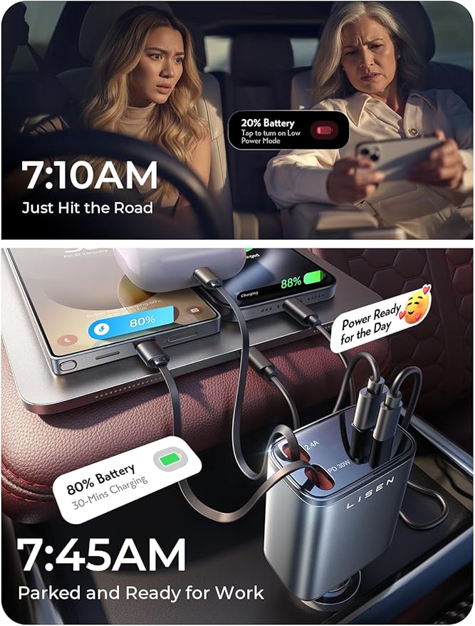 LISEN Retractable Car Charger 4 in 1 for Cars, 69W Retractable USB C Car Charger with 31.5in Cable, Fast Charging for iPhone 17 16 15 14 13 12 Pro Max Plus, Compact Cars Accessories for Daily Driving