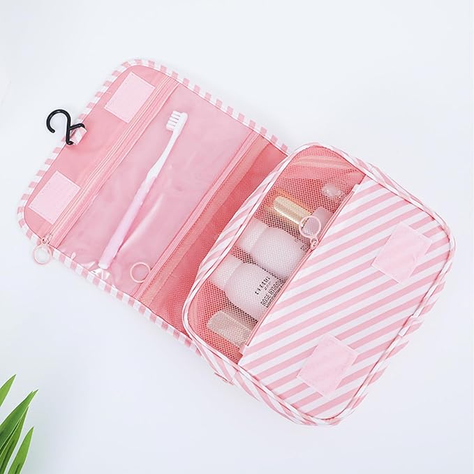 Travel Toiletry Bag for Women, Hanging Toiletry Bag with Multi-Pockets, Toiletry Bag for Traveling Easy Clean, Travel Organizer Bag Pink-strip