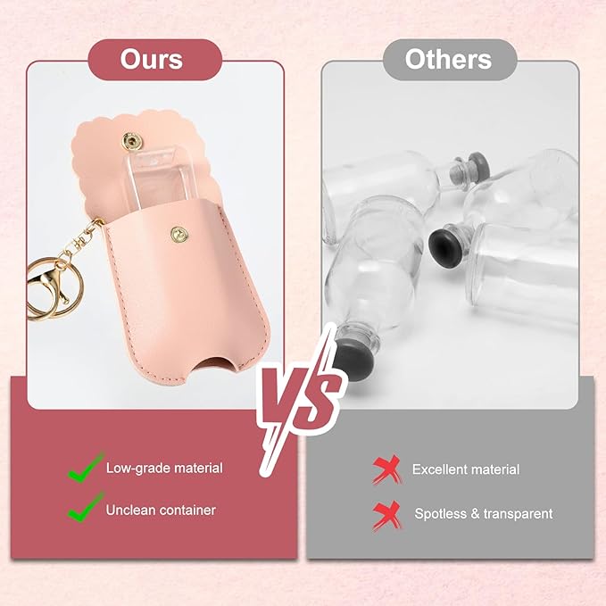 2Pcs Hand Sanitizer Holder Keychain, 60ml Portable Leather Sanitizer Travel Size Keychain Hand Sanitizer Case Refillable Container for Toiletry Lotion Liquid Soap Shampoo (Black, Pink)