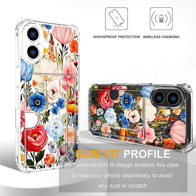 Compatible with iPhone 16 Plus Case Card Holder for Women Cute Design,Wallet Phone Cases Transparent Cool Kawaii Protective (Clear Flower Art Rose Peony)