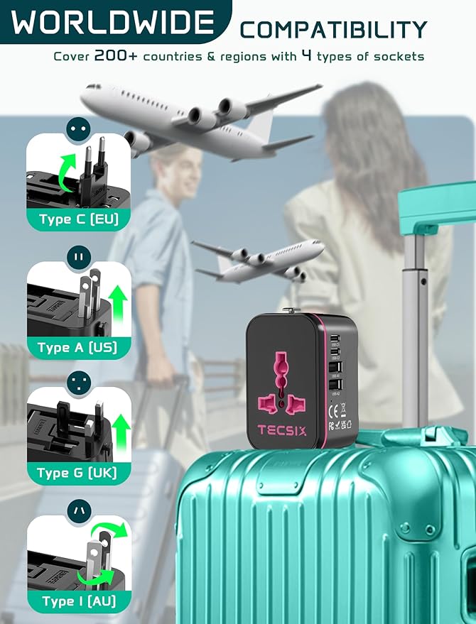 Universal Travel Adapter Worldwide, TECSIX European Travel Plug Adapter with 2 USB C, 2 USB A and Multi AC Outlets, International Power Converter for EU US UK AUS 200+ Countries Type A C G I