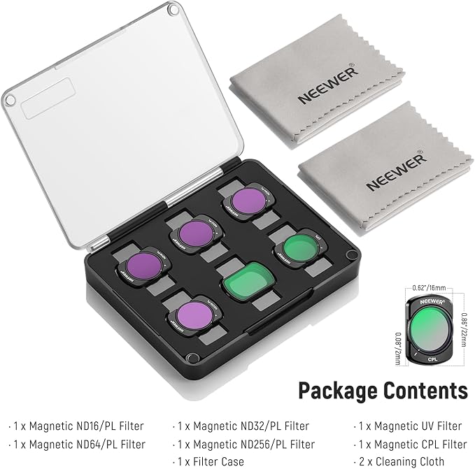 NEEWER Magnetic ND CPL UV Filter Set Compatible with DJI Osmo Pocket 4 Pocket 3 Creator Combo Accessories, Polarized ND ND16/PL ND32/PL ND64/PL ND256/PL, 6 Pack Lens Filter Kit + 2X Cleaning Cloth
