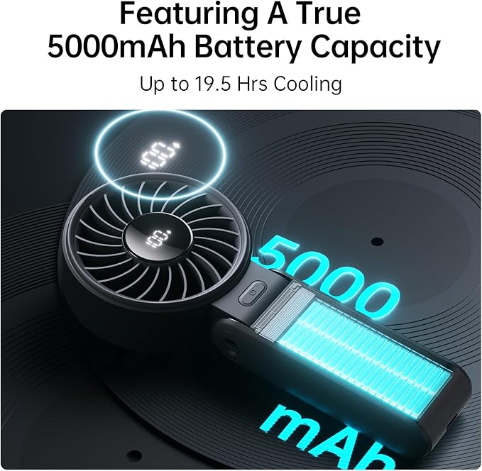 JISULIFE Handheld Fan Life7 – Ultimate Flexibility: Wide & Strong Airflow, 19.5H Max Cooling, 5000mAh Rechargeable, 5-Speed, LED Display, 3 IN 1 Portable Fan for Travel, Concerts, Sports Events(Black)