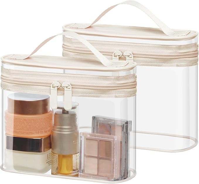 PACKISM TSA Approved Toiletry Bag 2 Pack - Quart Size Clear Makeup Bag with Handle & Dual Metal Zippers, Large Opening 3-1-1 Airline Compliant Security Travel Organizer for Carry On Liquids, Beige