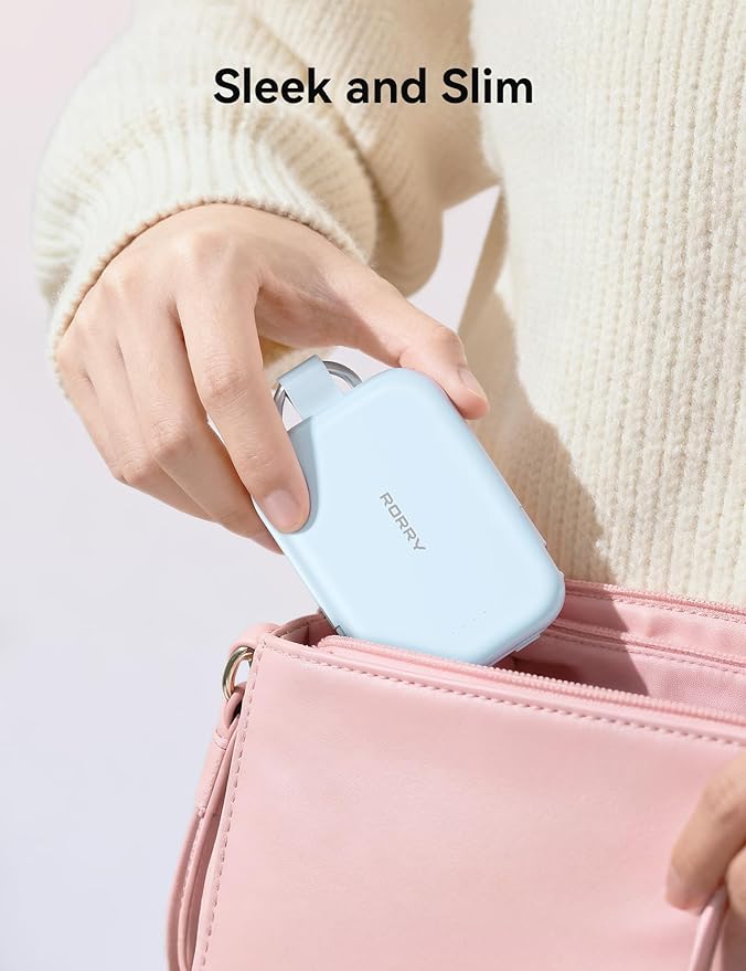 RORRY Portable Charger, 5000mAh Portable Charger Power Bank with Built-in Cables, Travel Keychain Charger Battery Pack for iPhone 17/16/15/14/13/12, for AirPods 2/3/4/Pro, White