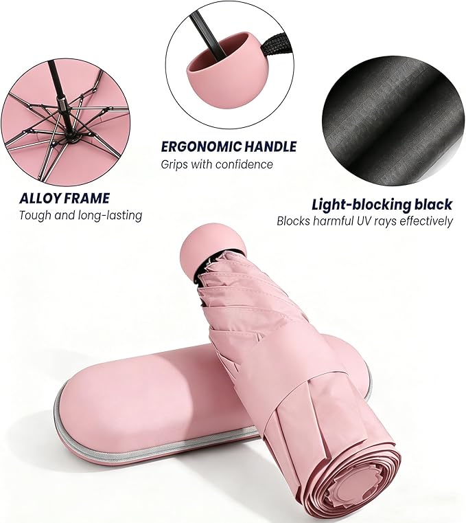 MRTLLOA Travel Essentials Mini Umbrella with Case for Purse - Small Compact & Lightweight, UV Sun Protection, Manual Open/Close for Pocket Umbrella(Women/Men/Kids)