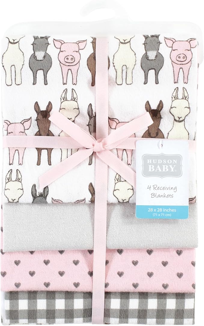 Hudson Baby Unisex Baby Cotton Flannel Receiving Blankets, Farm Friends Pink, One Size