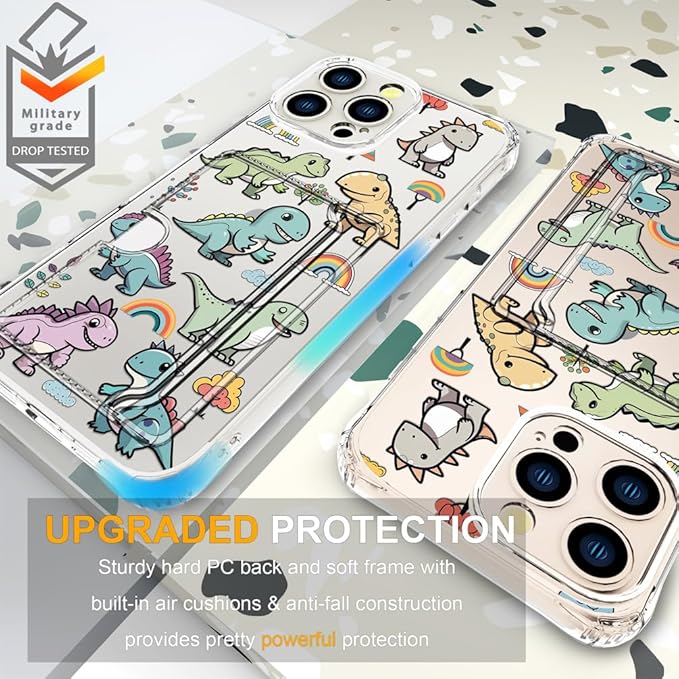 Compatible with iPhone 16 Pro Max Case Card Holder for Women Cute Design,Wallet Phone Cases Transparent Cool Kawaii Protective (Clear Lovely Dinosaurs)