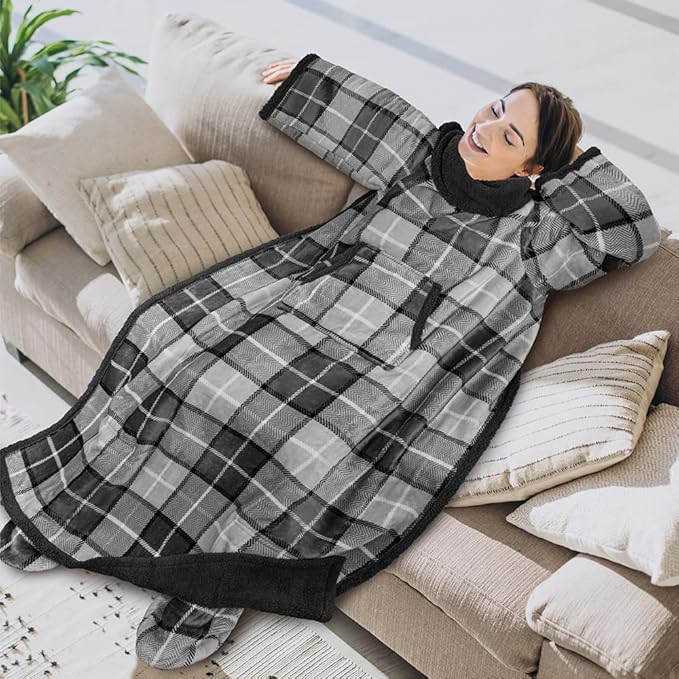 PAVILIA Sherpa Blanket with Sleeves, Foot Pocket for Women Men Adults, Thick Wearable Blanket Throw Wrap, Fleece Warm Snuggle Blanket Robe, Cozy Gift Ideas Wife Mom, Plaid Gray