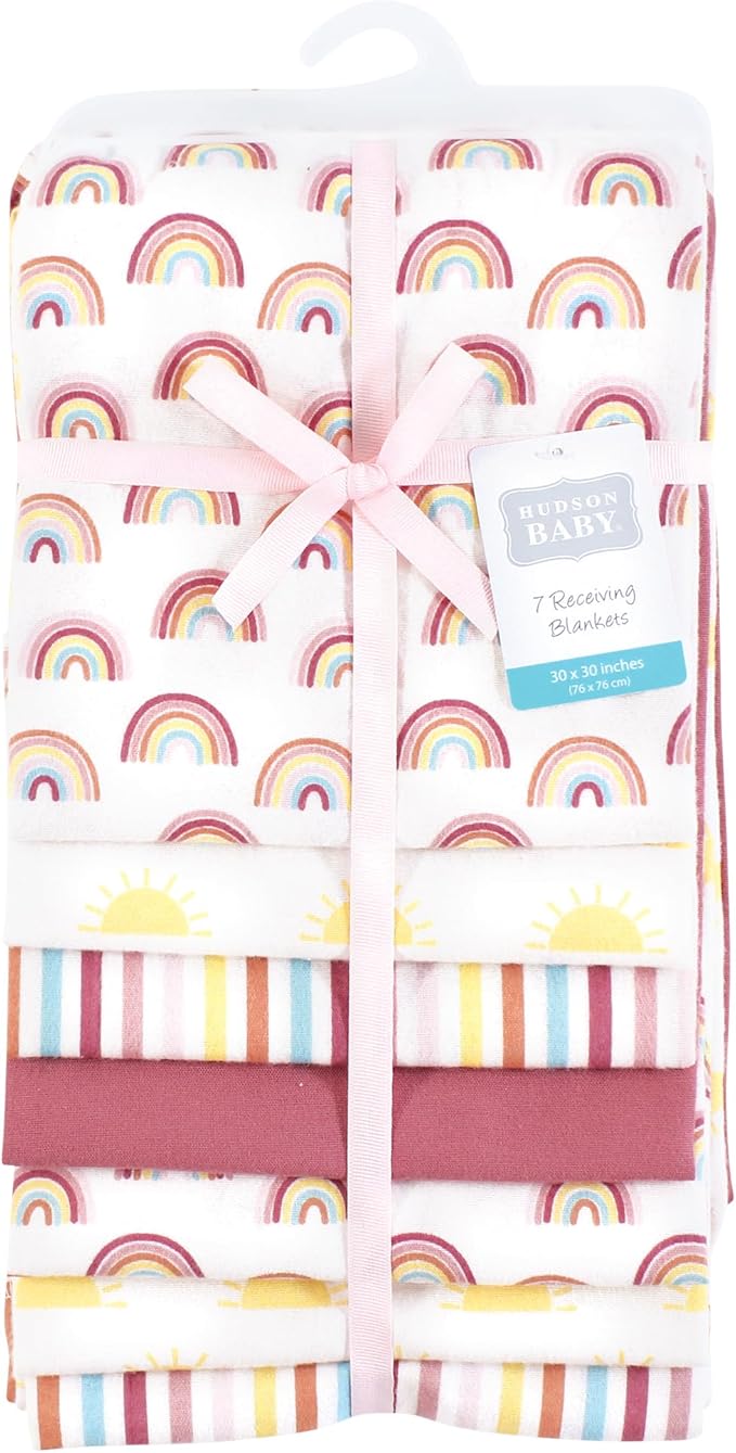Hudson Baby Unisex Baby Cotton Flannel Receiving Blankets 7-Pack Bundle, Sunshine and Rainbows, One Size