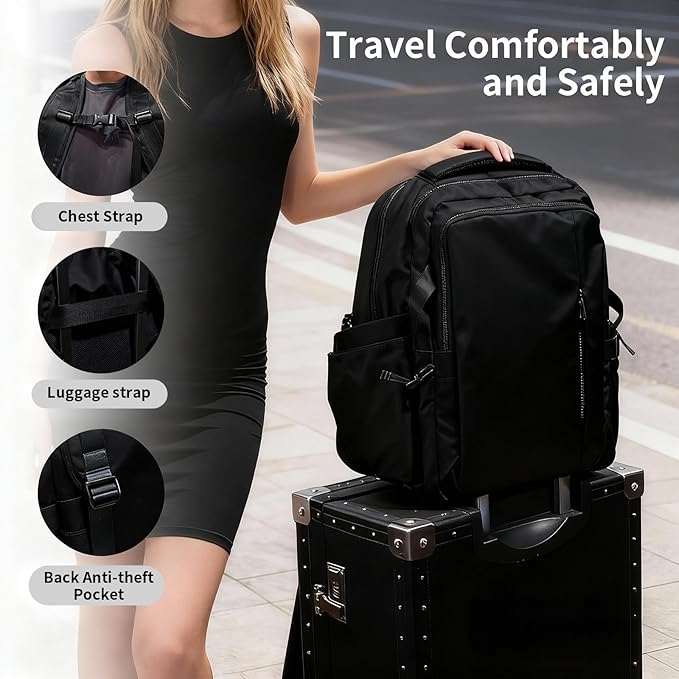 Travel Backpack for Women Men Carry on Backpack, Airline Approved Large Travel Bag Flight Approved Personal item, 15.6 Inch Laptop Backpack Casual Daypack for Weekender Business Hiking-BLACK