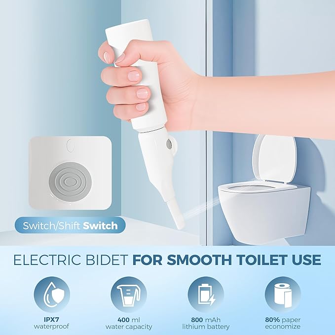 Portable Electric Bidet for Travel, Rechargeable Handheld Bidet with 3 Water High Pressure Sprayer Levels, Adjustable Nozzle, IPX7 Waterproof, Perfect for Personal Hygiene, White