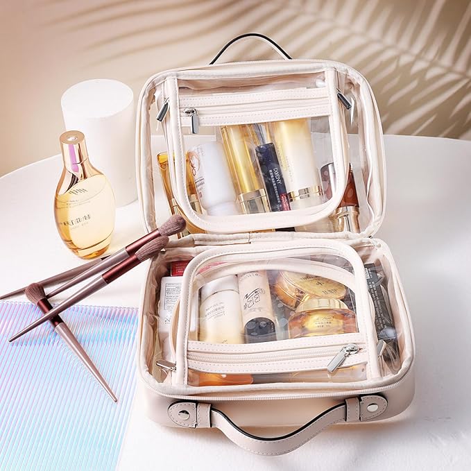 SANHECUN traveling toiletry case clear cosmetics case makeup bag (Beige, Small)
