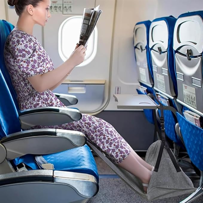 Portable Airplane Foot Hammock, Hardened Plastic Plate at The Bottom, Height Adjustable Feet Rest for Plane Travel, Office, Desk, Bus, Train, Long Trip (Gray)