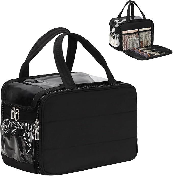 Travel Toiletry Bag for Women - Large Wide-Open Makeup Bag with Compartments, Lightweight Cosmetic Bag with Adjustable Dividers, Puffy Visible Toiletry Organizer for Full-Sized Container