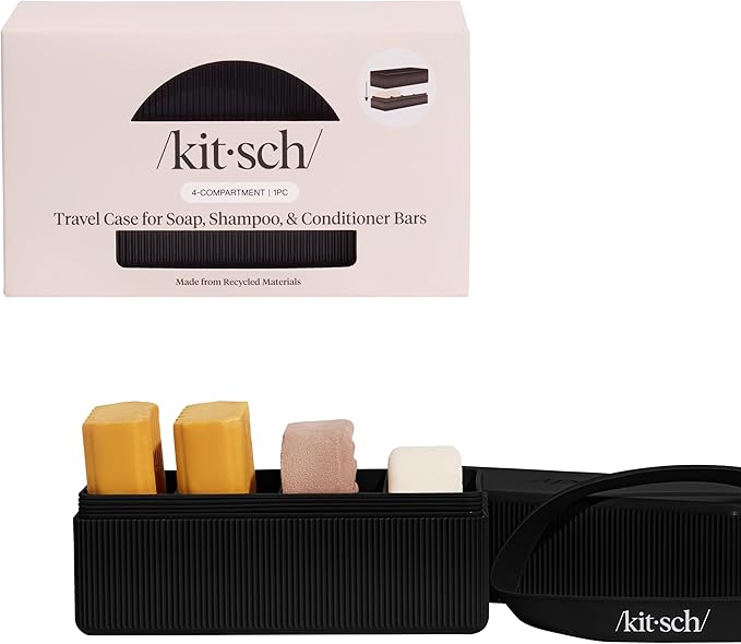Kitsch 4-Compartment Travel Soap Case – Bar Soap Holder & Organizer, Travel Case for Bars – TSA-Approved – Lightweight, Durable, Leak-Proof, Made from Recycled Plastic – Black